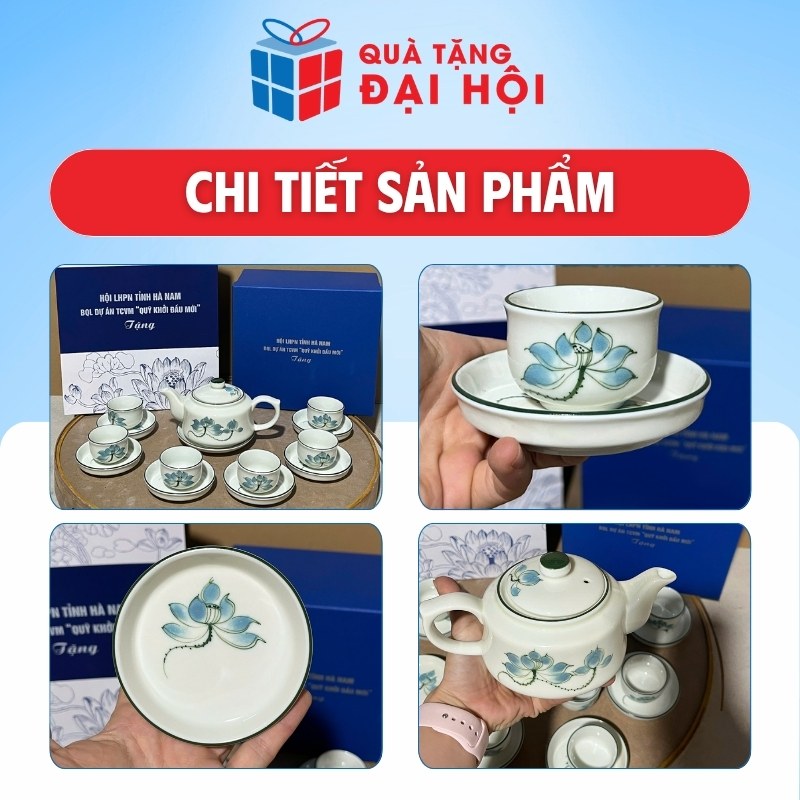 Bộ Trà Dáng Vuông Vẽ Sen Xanh Quà Tặng Đại Hội Đại Biểu Hội LHPN DH-AC10