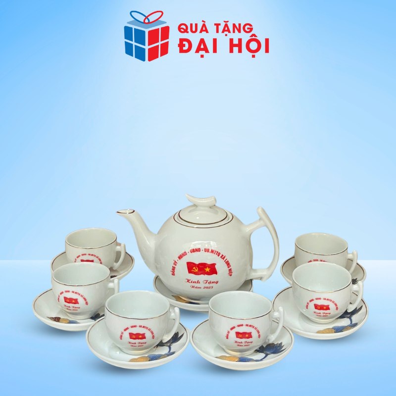 Bộ Ấm Trà Kẻ Miệng Vàng Vẽ Hoa Sen Quà Tặng Đại Hội Đảng Cấp Xã DH-AC08
