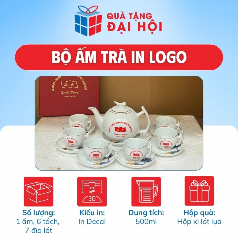 Bộ Ấm Trà Kẻ Miệng Vàng Vẽ Hoa Sen Quà Tặng Đại Hội Đảng Cấp Xã DH-AC08