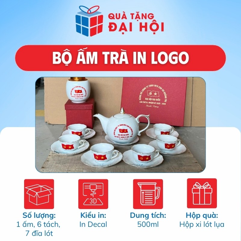 Bộ Ấm Chén Bưởi Lửa Kẻ Viền Vàng Kim Quà Tặng Đại Hội Đảng Bộ SH-AC09